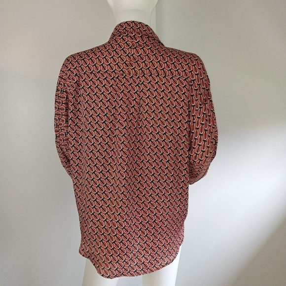 Express Women's Button Front Shirt Size Small Orange Black White Chain Print Top - Picture 5 of 8